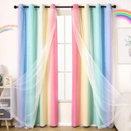 UNISTAR Blackout Stars Kids Curtains for Girls Bedroom Aesthetic Decor Colorful Kawaii Double Layer Star Cut Out Stripe Rainbow Window Wall Home Decoration Curtain,1 Panel, W52 x L84 Inches