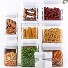 DRAGONN 10 Piece Airtight Food Storage Container Set with Labels, Pantry Organization and Storage, Keeps Food Fresh, Big Sizes Included, Durable, BPA Free Containers, DN-KW-FS10