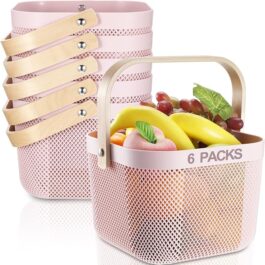 Roshtia 6 Pcs Plastic Mesh Storage Basket with Handle 9.8 x 10.2 x 7.1 Inch Garden Harvest Storage Basket Multi Functional Hanging Basket Organizer for Kitchen Bathroom Picnic Cabinet Home (Pink)