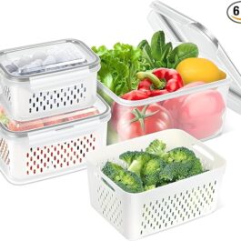 6 Pack Fruit Storage Containers for Fridge with Removable Colander, Airtight Food Storage Containers with Lids, Fresh Produce Fridge Organizer Bins, Fruit Vegetable Kitchen Organizers and Storage