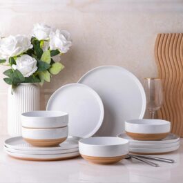 AmorArc Ceramic Dinnerware Sets for 4, 12 Pieces Handpainted Plates and Bowls Set with Wavy Rim, Chip and Scratch Resistant Stoneware Dishes Set, Dishwasher & Microwave Safe, White