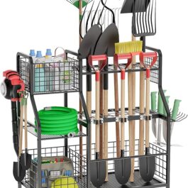 Felnuhee Garden Tool Organizer for Garage, 3 Tier Utility Yard Tool Organizer and Storage Holder with Wheels, Large Garden Tool Rack with Extra Storage Basket for Garden/Shed/Garage/Yard/Basement/Lawn