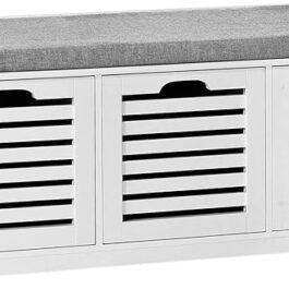 Haotian FSR23-W, White Storage Bench with 3 Drawers & Padded Seat Cushion, Hallway Bench, Shoe Cabinet, Shoe Bench