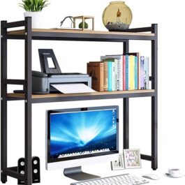 AOOSSI Computer Desktop Bookcase, 2-Tier Countertop Hutch Display Shelf, Multipurpose Adjustable Wood Rack Organizer for Home Dorm Office Supplies – Brown