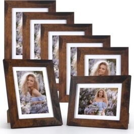 PETAFLOP 4×6 Picture Frame 7 Pack, Rustic Brown Wooden Frames Display 4 by 6 Inch Photo with Mat or 5×7 without Mat for Wall or Tabletop Decor