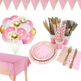 142 piece pink and gold party supply set, gold polka dot party tableware including pink paper plates napkins paper cups, gold fork knives for graduations, birthdays, cocktail parties.