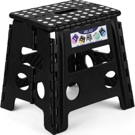 Delxo Folding Step Stool, 13 inch Non-Slip Foldable Stools for Kids & Adults Up to 300 LBS, Step Stool with Handle, Lightweight for Kitchen, Bathroom, Bedroom, Garden, Black, 1PC